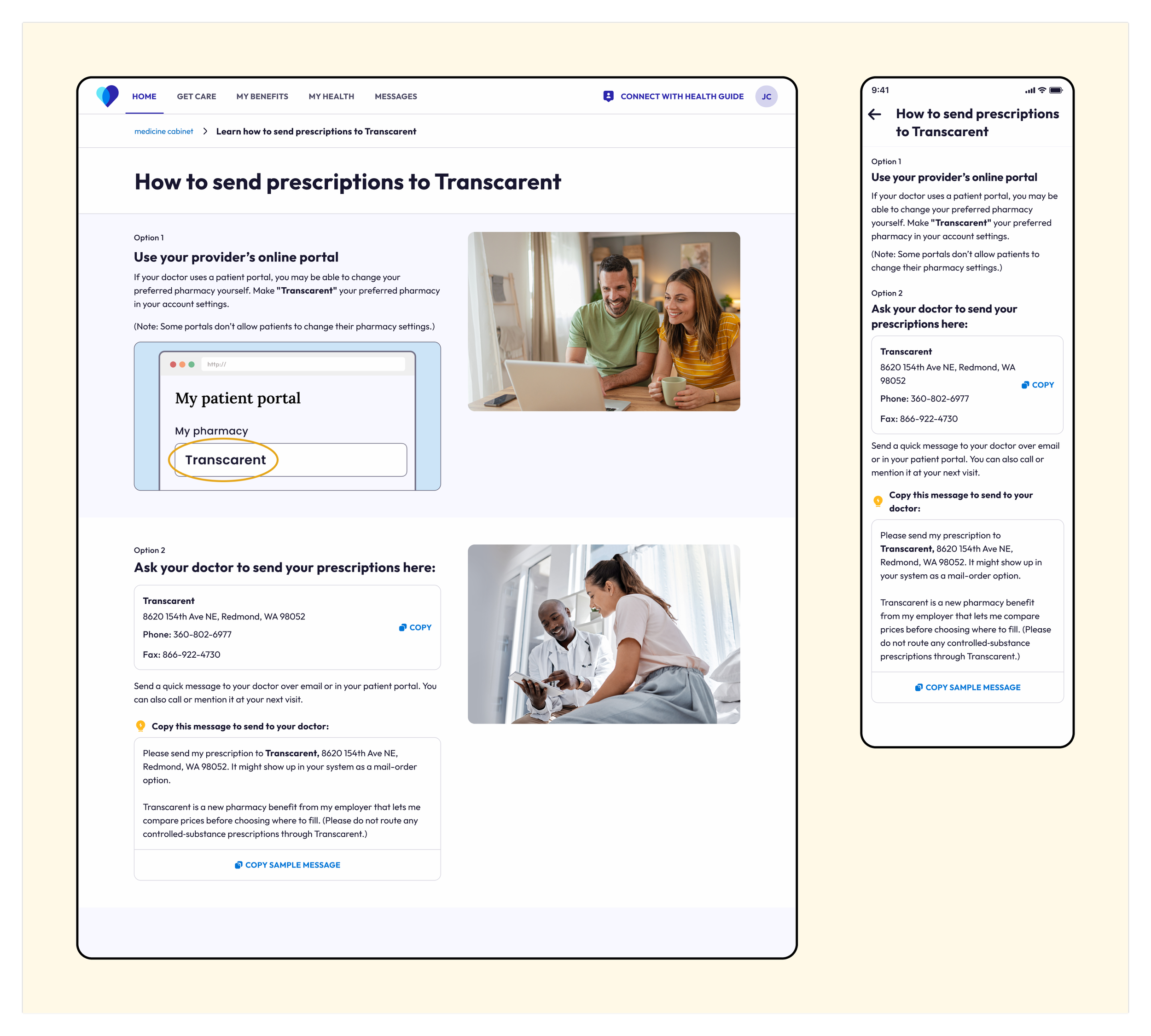 How to send prescriptions to Transcarent — desktop and mobile education page